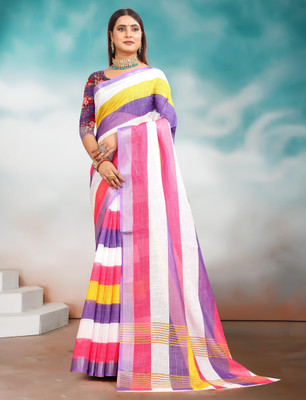 Mervadiya Printed Kanjivaram Pure Cotton, Cotton Linen Saree(Purple)
