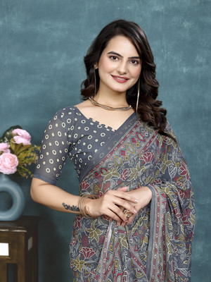 Kanooda Prints Printed Bollywood Georgette Saree(Grey)