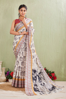 PremVastra Digital Print Kalamkari Mulmul Saree(Cream)