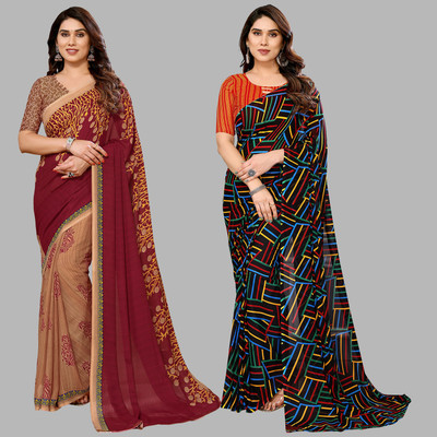 kashvi sarees Self Design, Printed Daily Wear Georgette Saree(Pack of 2, Brown, Beige, Multicolor)