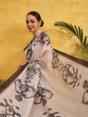 SILK ZONE Digital Print Chanderi Cotton Silk Saree(White)