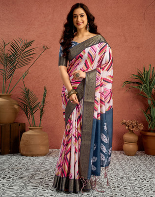 Satrani Printed, Woven, Embellished Kalamkari Tussar Silk, Cotton Silk Saree(Multicolor)