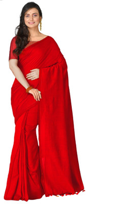 crochetin Woven Handloom Cotton Blend Saree(Red)