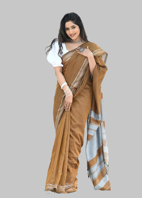 CommonHouseee Striped, Solid/Plain Handloom Cotton Blend Saree(Brown)