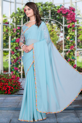 Zenophily Solid/Plain Bollywood Silk Blend Saree(Blue)
