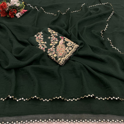K 5 FASHION Embroidered, Self Design Bollywood Tissue Saree(Dark Green)