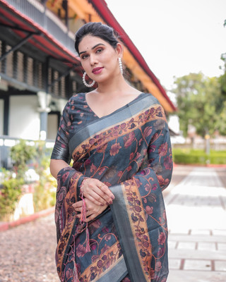 ALMAARI FASHION Digital Print Handloom Cotton Blend Saree(Black)