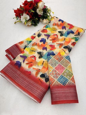 TOPPA Floral Print Banarasi Cotton Linen Saree(Multicolor)