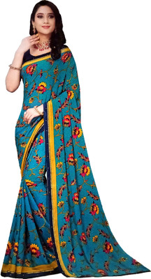 manohar Printed Handloom Viscose Rayon Saree(Light Blue)