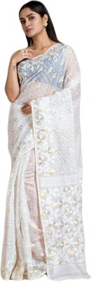 Tant Boutique Woven Jamdani Cotton Silk Saree(White)