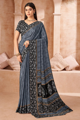 SainiVastra Floral Print Bollywood Crepe Saree(Grey)