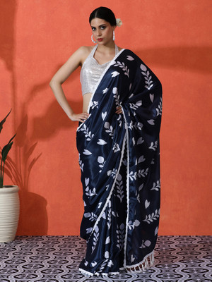 Sangria Printed Daily Wear Satin Saree(Blue)