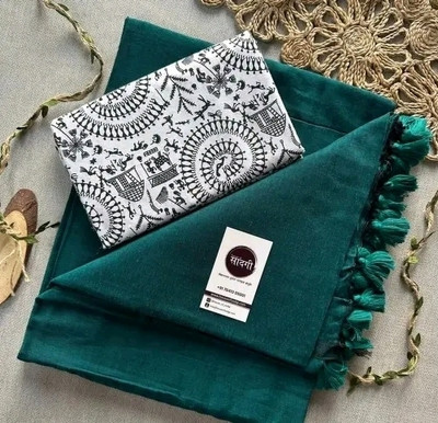 SARATHITEXTILE Digital Print, Solid/Plain, Color Block Handloom Cotton Blend Saree(Light Green)