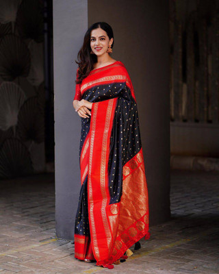 Anjaneya Sarees Woven Banarasi Silk Blend Saree(Black)