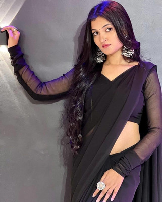 Prutha Fashion Solid/Plain Daily Wear Georgette, Chiffon Saree(Black, Blue)