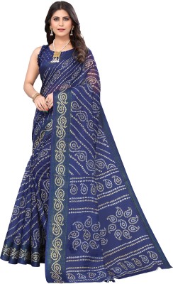 Nirvaan Printed Bandhani Linen Saree(Dark Blue)