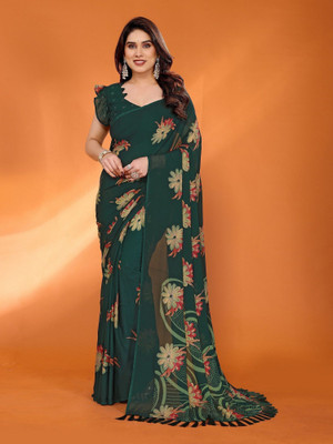 RAJESHWAR FASHION Floral Print Bollywood Pure Silk Saree(Dark Green)