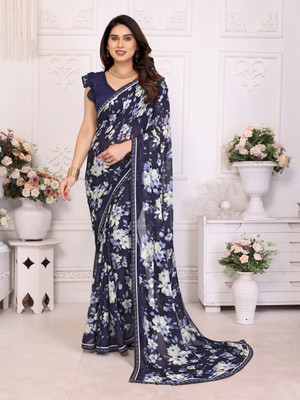 Divastri Printed Bollywood Georgette Saree(Dark Blue, White)