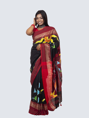 AngaShobha Self Design Ikkat Cotton Blend Saree(Black)