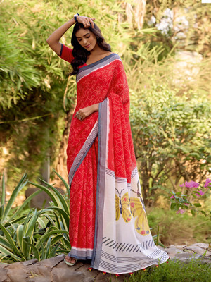 Sareemall Printed Leheria Linen Saree(Red)