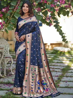 ANOUK Woven Saree with Attached Blouse Pure Silk Saree(Blue)