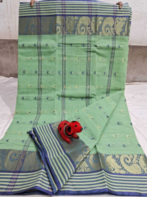 Sthaker Self Design Tant Pure Cotton Saree(Light Green)