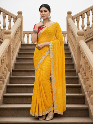 all about you Embroidered Bollywood Georgette Saree(Yellow)