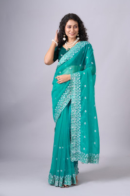 Virendra Textiles Solid/Plain Bollywood Net Saree(Blue)