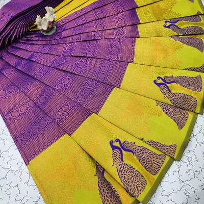 VASTUKALA Woven Kanjivaram Pure Silk, Art Silk Saree(Blue, Yellow)