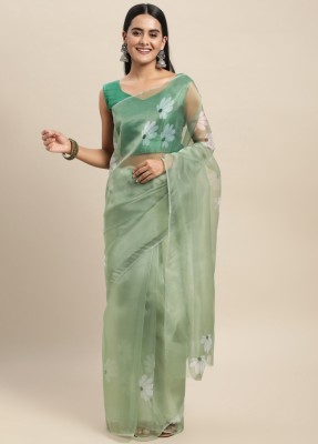 Divastri Floral Print Bollywood Organza Saree(Light Green)