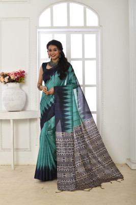 PeachPetals Dyed, Woven Banarasi Cotton Blend Saree(Light Blue)