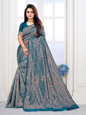 Vastram Enterprise Floral Print Banarasi Silk Blend Saree(Dark Blue)