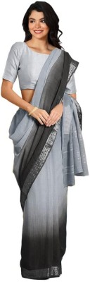 Fashion Handloom Self Design Bhagalpuri Cotton Linen Saree(Black, Grey)