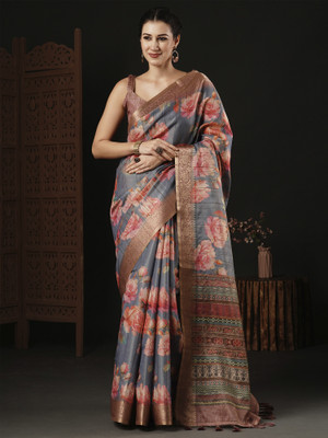 Sareemall Printed Kalamkari Silk Blend Saree(Grey)
