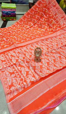Soma Tant saree Mahal Self Design, Woven, Geometric Print Handloom Cotton Silk Saree(Orange)