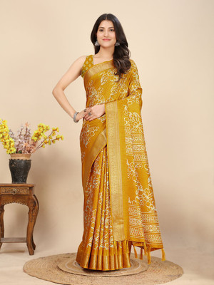 HouseOfCommon Printed Arani Pattu Art Silk Saree(Yellow)