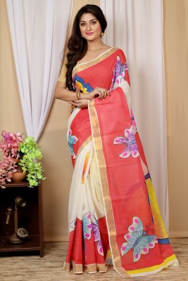 DipDiya Hand Painted, Self Design, Woven Handloom Cotton Blend Saree(Multicolor)