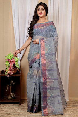DipDiya Woven Tant Pure Cotton Saree(Grey)