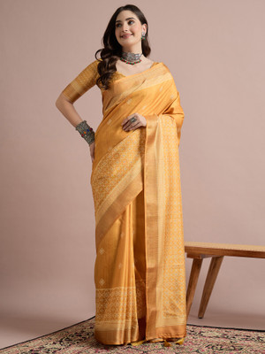 Sareemall Printed Chinnalapattu Cotton Blend Saree(Mustard)