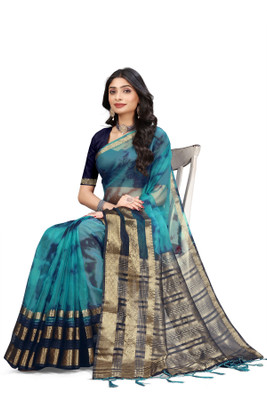 Aarunika AF Solid/Plain Bollywood Organza Saree(Blue)