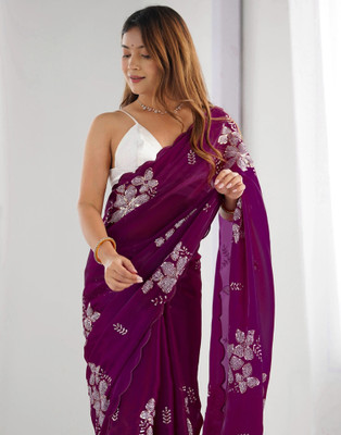 Satrani Embellished, Embroidered Bollywood Jimmy choo, Chiffon Saree(Purple)