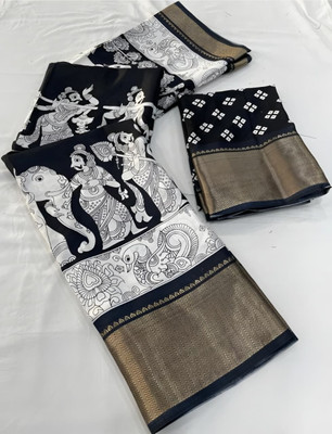 Lincy Animal Print Kalamkari Silk Blend Saree(Black, White)
