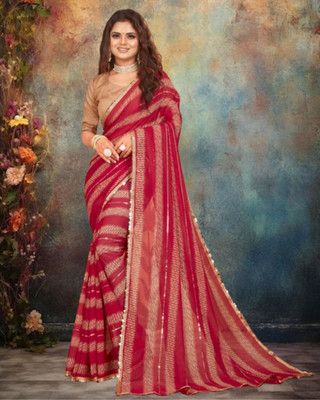 Jayu Striped Bollywood Georgette Saree(Red, Beige)