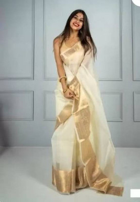 Kavita Creation Self Design Bollywood Tissue Saree(White)