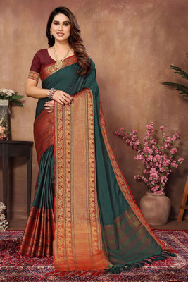 Soor Panchi Woven Kanjivaram Jacquard Saree(Dark Green)