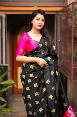 Bansari Textiles Woven, Self Design, Striped, Applique, Solid/Plain, Dyed Bollywood Art Silk, Jacquard Saree(Pink, Black)