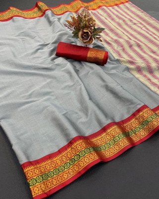 AMARQUEEN Woven, Solid/Plain, Temple Border Banarasi Silk Blend Saree(Grey)