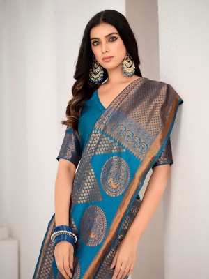 Sangria Woven Daily Wear Satin Saree(Blue)