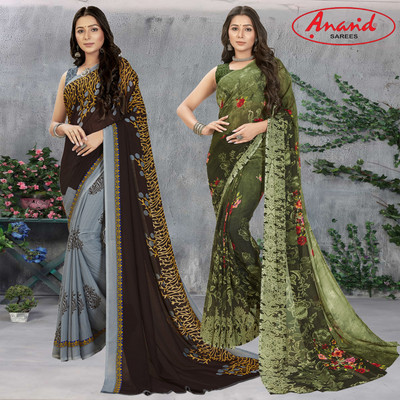 Anand Sarees Floral Print Daily Wear Georgette Saree(Pack of 2, Brown, Grey, Multicolor)