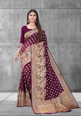 Om Creation Striped Banarasi Polyester Saree(Purple)
